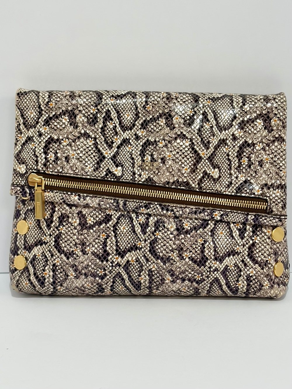 Snake-Print Foldover Clutch with Gold Hardware